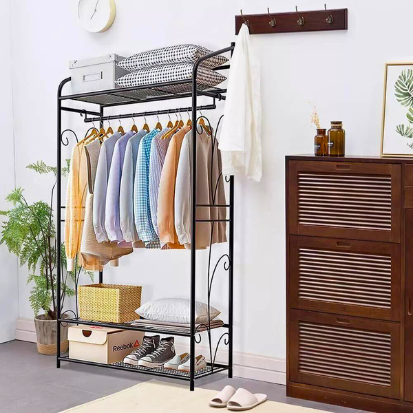Black Metal Heavy Duty Clothes Rail Rack With 2 Shelf Storage Shelves Garment Racks