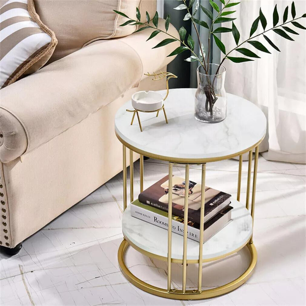 Round Marble Accent Table End 2 Tiers Storage Gold Tables