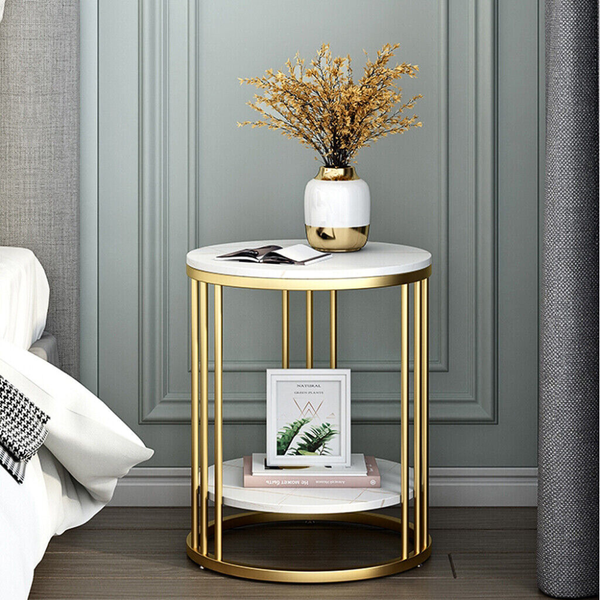 Round Marble Accent Table End 2 Tiers Storage Gold Tables