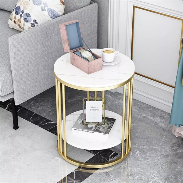 Round Marble Accent Table End 2 Tiers Storage Gold Tables