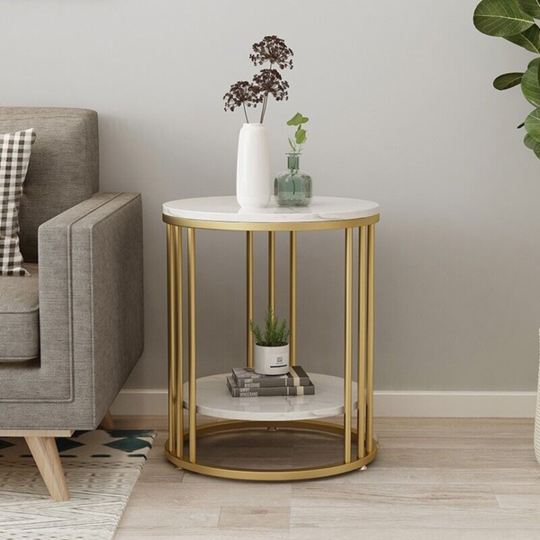 Round Marble Accent Table End 2 Tiers Storage Gold Tables