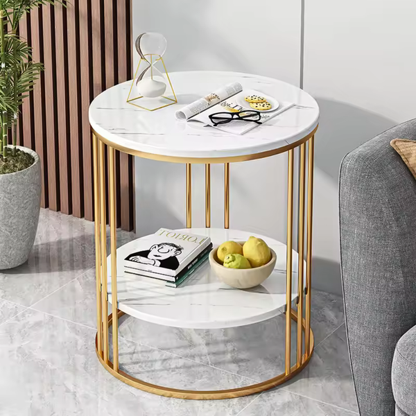 Round Marble Accent Table End 2 Tiers Storage Gold Tables