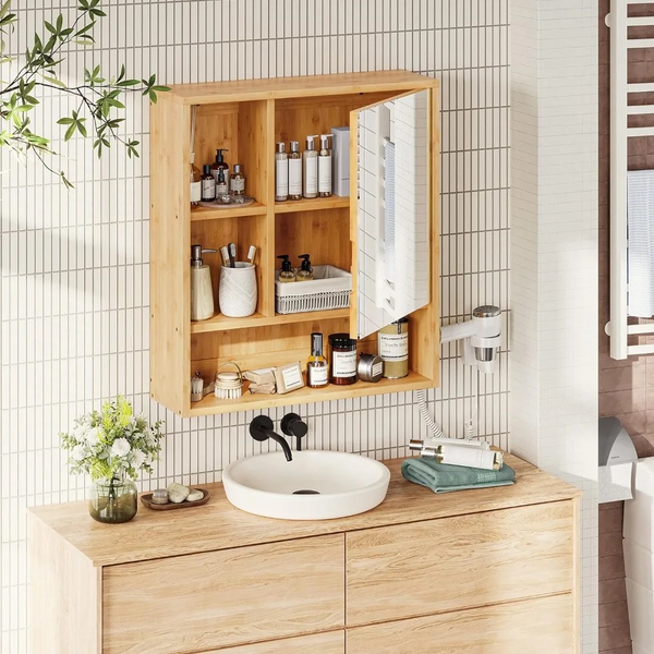 Natural Bamboo Bathroom Vanity Mirror Cabinet Wall Mounted Cupboard Mirrors