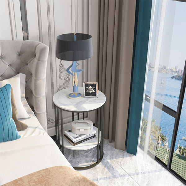 Round Marble Accent Table End 2 Tiers Storage Black Side Tables