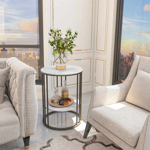 Round Marble Accent Table End 2 Tiers Storage Black Side Tables