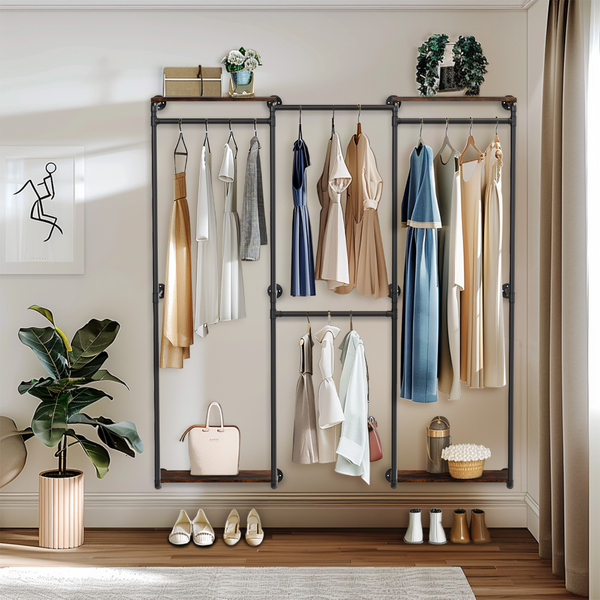 Wall Mounted Industrial Pipe Clothes Rack With Shelves Garment Racks