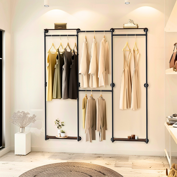 Wall Mounted Industrial Pipe Clothes Rack With Shelves Garment Racks