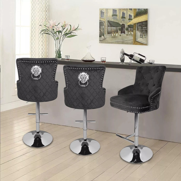 Luxurious Velvet Swivel Bar Stool With Lion Knocker & High Back Benches Bar Stools