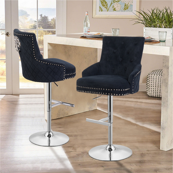 Luxurious Velvet Swivel Bar Stool With Lion Knocker & High Back Benches Bar Stools