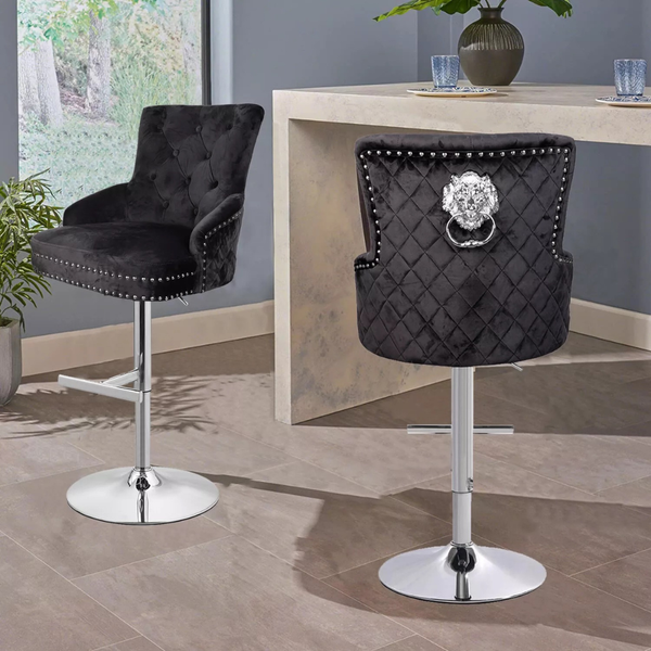 Luxurious Velvet Swivel Bar Stool With Lion Knocker & High Back Benches Bar Stools