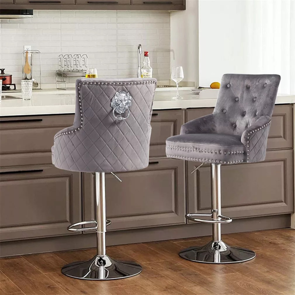 Luxurious Velvet Swivel Bar Stool With Lion Knocker & High Back Benches Bar Stools