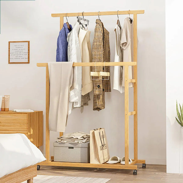 Double Rail Bamboo Clothes Rack High Low Hanging Rod Organizer Garment Racks