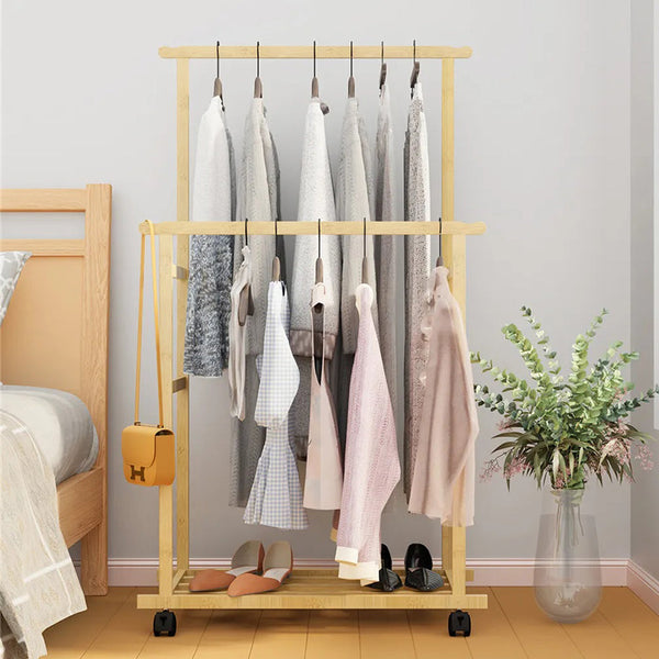 Double Rail Bamboo Clothes Rack High Low Hanging Rod Organizer Garment Racks