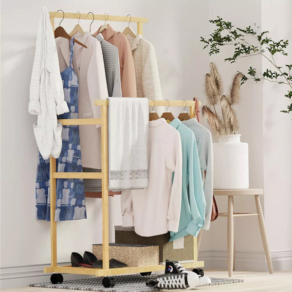 Double Rail Bamboo Clothes Rack High Low Hanging Rod Organizer Garment Racks