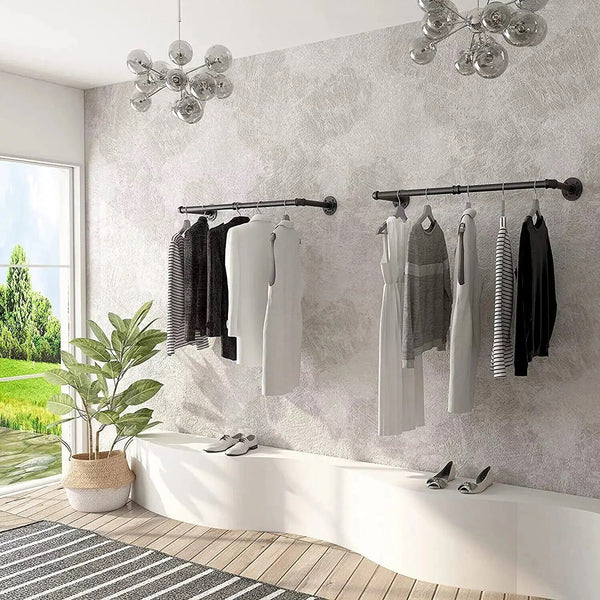 Pack Of 2 Wall Mounted Iron Pipe Clothes Rail Rack Garment Racks