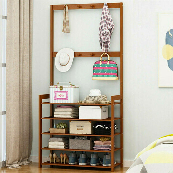 3 In 1 Hall Tree Coat Rack Shoe Bench For Entryway With Tier Storage Shelf Coat & Hat Racks