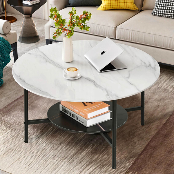 2 Tier Round Sofa Side End Table Marble Coffee Coffee Tables