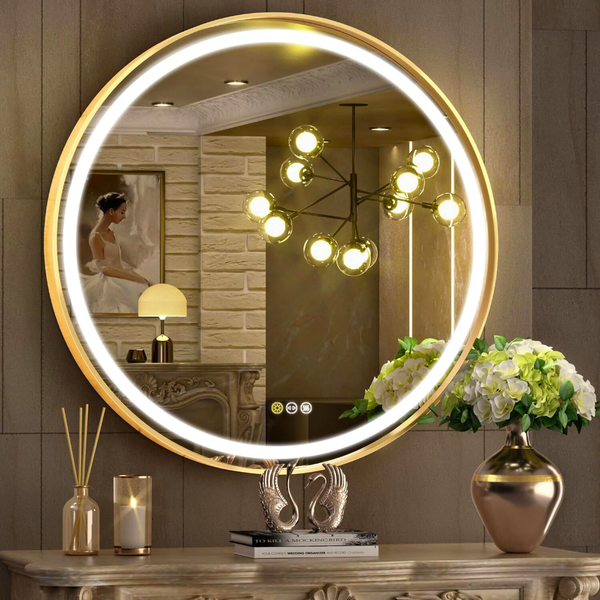 Round Led Dimmable Aluminum Fram Hd Glass Wall Mounted Illuminated Vanity Mirror Mirrors