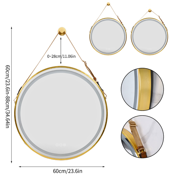 Round Led Dimmable Aluminum Fram Hd Glass Wall Mounted Illuminated Vanity Mirror Mirrors