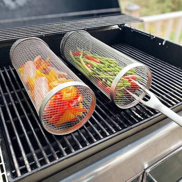 Wire Mesh Cylinder Grill Basket Portable Round Outdoor Camping Barbecue Rack Barbecues Grills & Smokers
