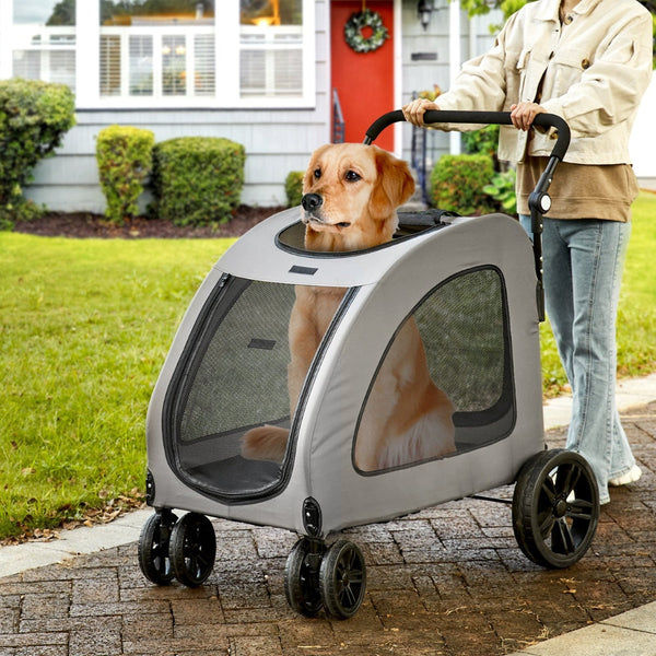 Premium Dog Stroller With 160Lbs Capacity 4 Wheels Height Adjustable And Brakes Dog Strollers