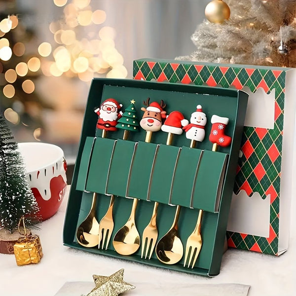 6Pcs Festive Stainless Steel Fork And Spoon Set Cutlery Sets