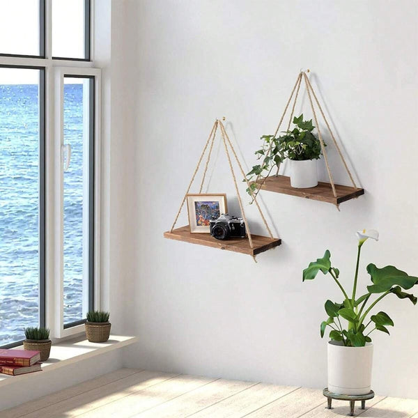 Swing Hanging Hemp Rope Wall Shelve Mounted Floating Plant Flower Pot Plant Stands