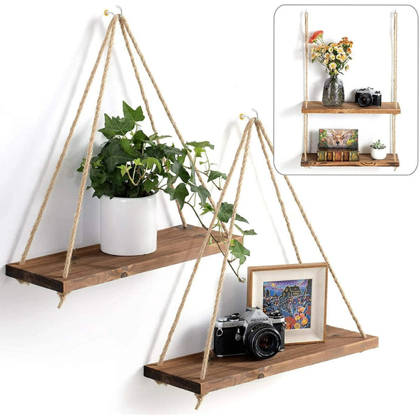 Swing Hanging Hemp Rope Wall Shelve Mounted Floating Plant Flower Pot Plant Stands