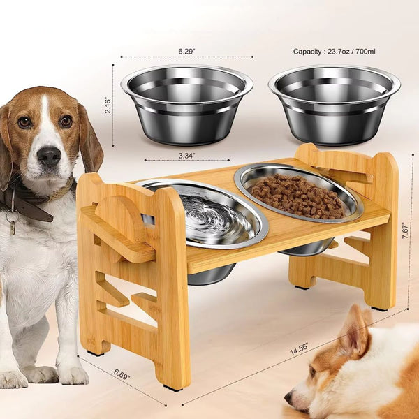 Bamboo Elevated With Stainless Steel Food Dog Bowls
