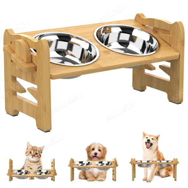 Bamboo Elevated With Stainless Steel Food Dog Bowls