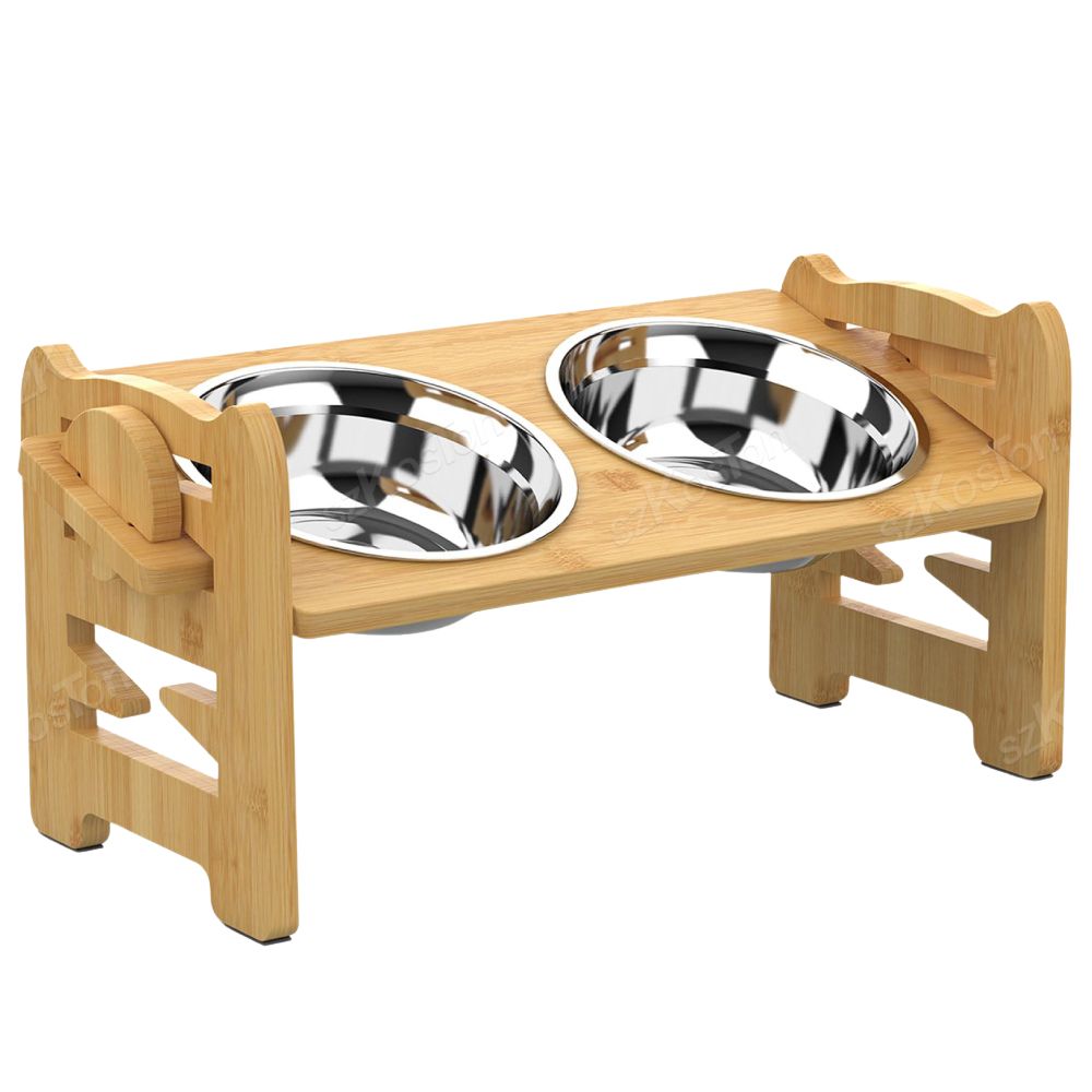 Bamboo Elevated With Stainless Steel Food Dog Bowls