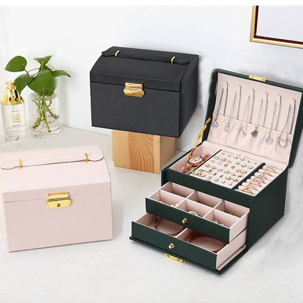 Veile Studios Multi Functional Three Layer Leather Drawer Style Jewelry Box Earrings Lock Jewellery Boxes