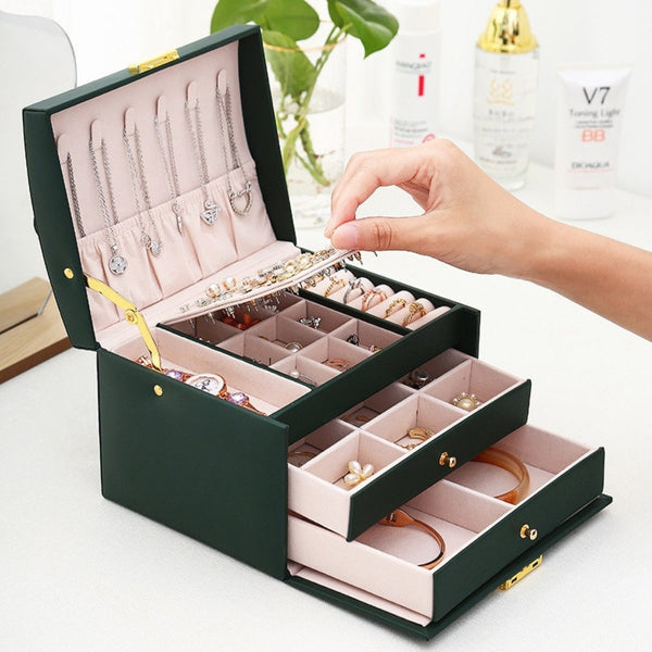 Veile Studios Multi Functional Three Layer Leather Drawer Style Jewelry Box Earrings Lock Jewellery Boxes