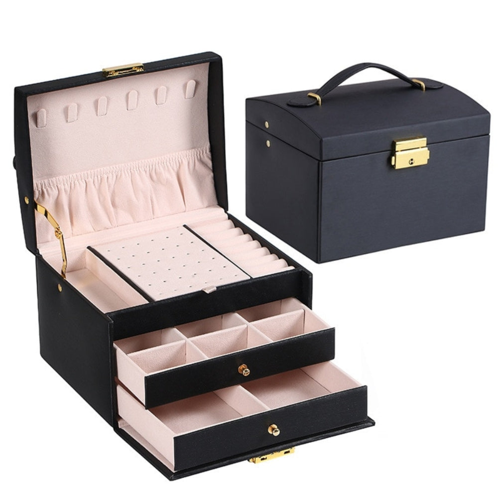 Veile Studios Multi Functional Three Layer Leather Drawer Style Jewelry Box Earrings Lock Jewellery Boxes