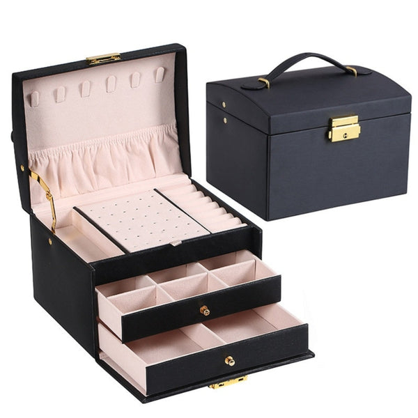 Veile Studios Multi Functional Three Layer Leather Drawer Style Jewelry Box Earrings Lock Jewellery Boxes
