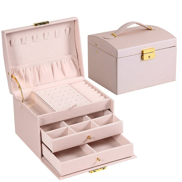 Veile Studios Multi Functional Three Layer Leather Drawer Style Jewelry Box Earrings Lock Jewellery Boxes