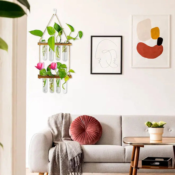 2 Layer Glass Wall Hanging Planter With Wooden Stand Posters & Wall Hangings