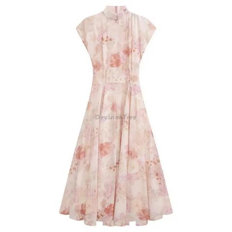 Chinese Style Qipao Dress Summer French Waist Wrapped Pink Cheongsam Dresses