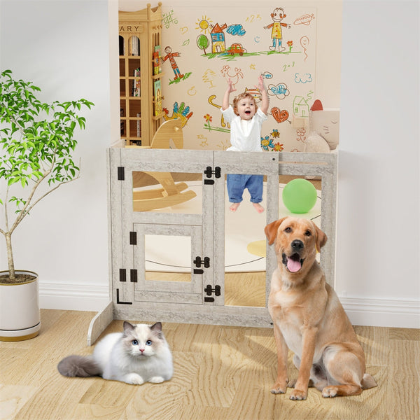 Pet Door Gate Tall Retractable Walk Through Tempered Glass Dog Safety Fences & Pens