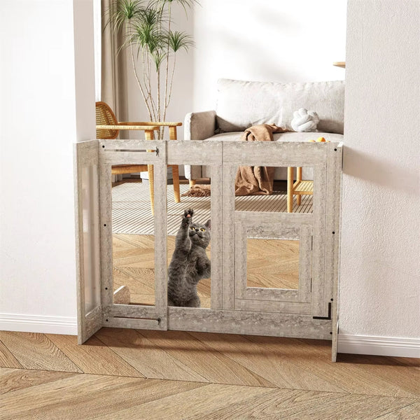 Pet Door Gate Tall Retractable Walk Through Tempered Glass Dog Safety Fences & Pens
