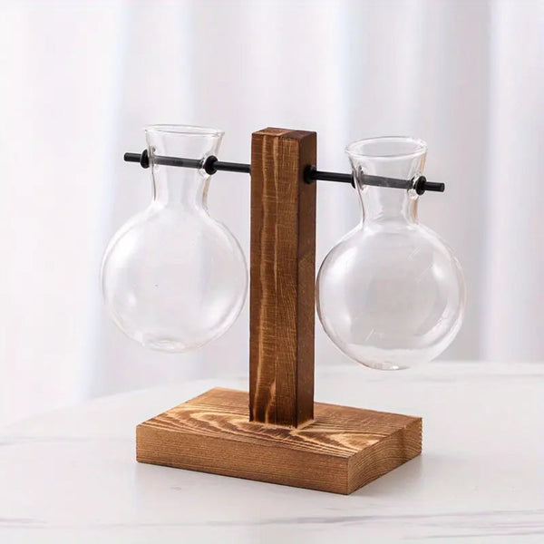 Modern Glass Bulb Vase With Wooden Stand For Hydroponic Plants Vases
