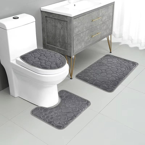 Water Absorbing Non Slip 3 Piece Bathroom Mat Set Bath Mats Rugs & Toilet Covers
