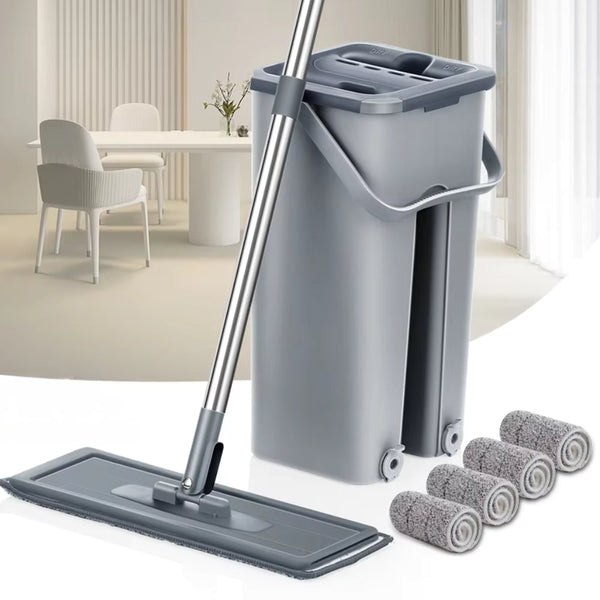 Hands Free Flat Floor Mop And Bucket System With Washable Microfiber Pads Mop & Broom Accessories