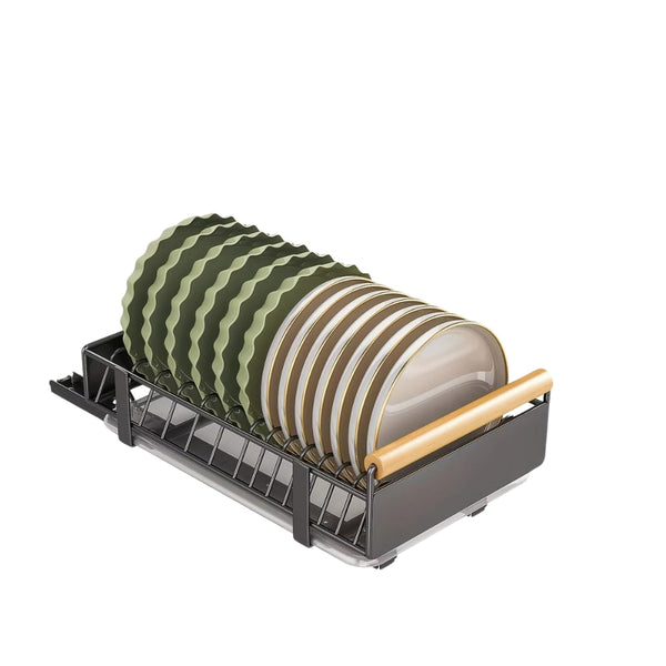 Pull Out Dish Rack With Wooden Handle And Drain Tray Racks & Holders