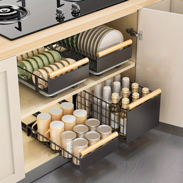 Pull Out Dish Rack With Wooden Handle And Drain Tray Racks & Holders