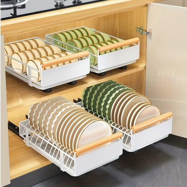 Pull Out Dish Rack With Wooden Handle And Drain Tray Racks & Holders