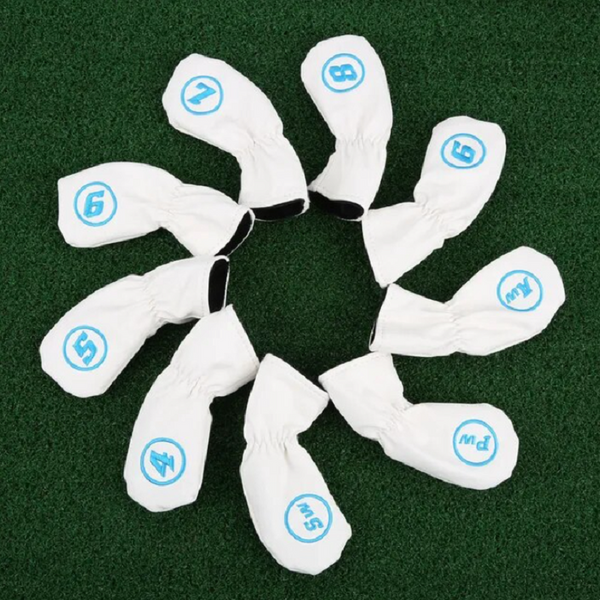 9Pcs Golf Iron Head Covers Set Waterproof Soft Pu Leather Putter White Club Head Covers