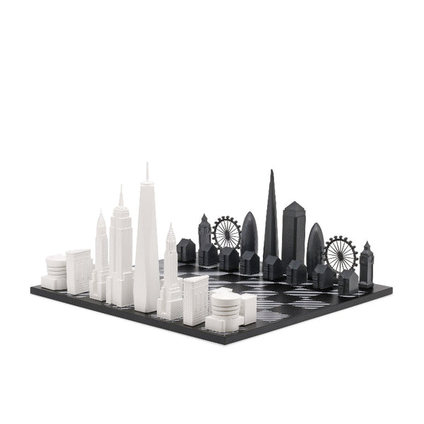 Skyline Chess Vs New York Edition (Wood Board With Hatch Design Black/Grey) Contemporary Chess