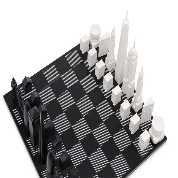 Skyline Chess Vs New York Edition (Wood Board With Hatch Design Black/Grey) Contemporary Chess