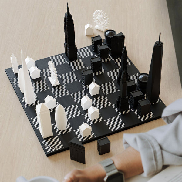 Skyline Chess Vs New York Edition (Wood Board With Hatch Design Black/Grey) Contemporary Chess